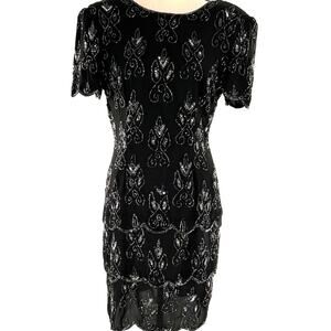 Vintage women's sz 8 100% silk beaded cocktail evening dress Stenay silver black